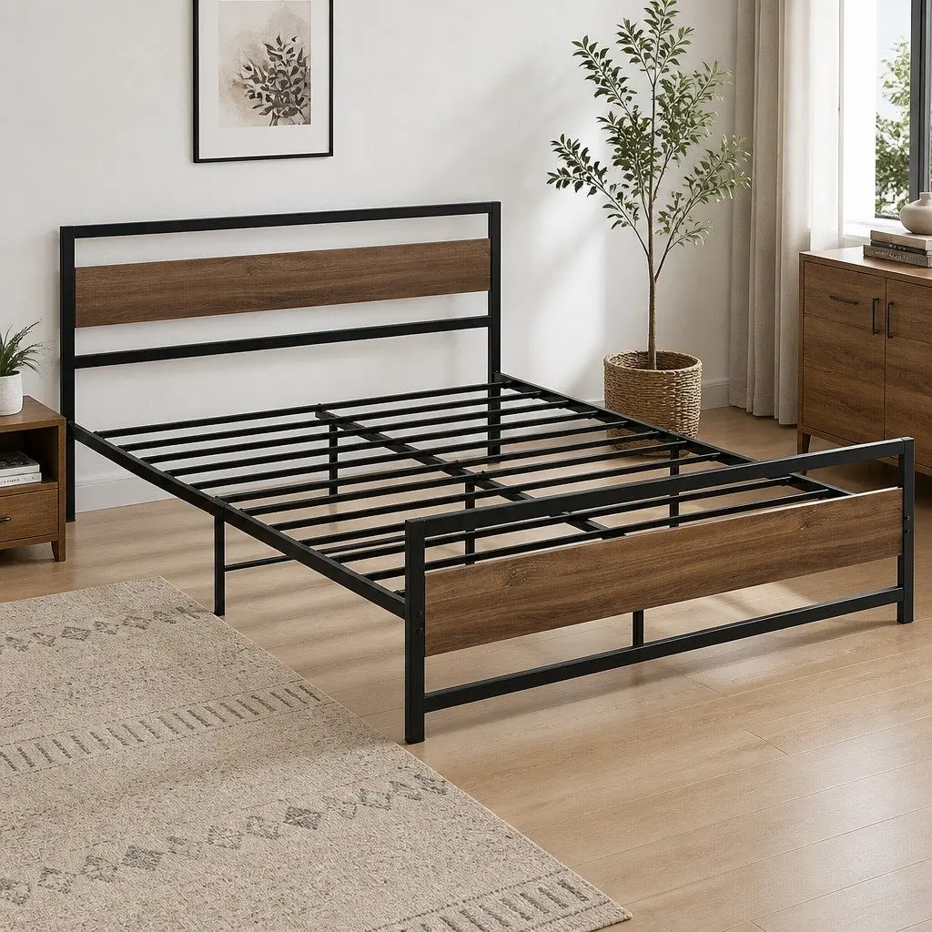Double Size Bed Frame Industrial Style Black Metal Platform with Wooden Headboard