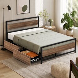 Double Bed Frame Metal with Storage Drawers Industrial Bedroom Furniture Black
