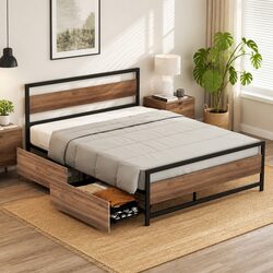 Queen Bed Frame in Industrial Style with Storage Options