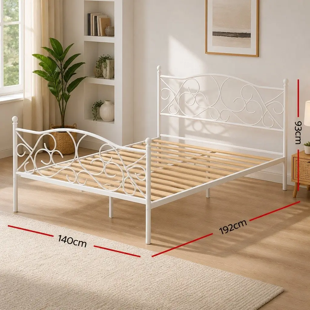 Metal Double Bed Frame with White Hollow Out Headboard for Bedroom Storage