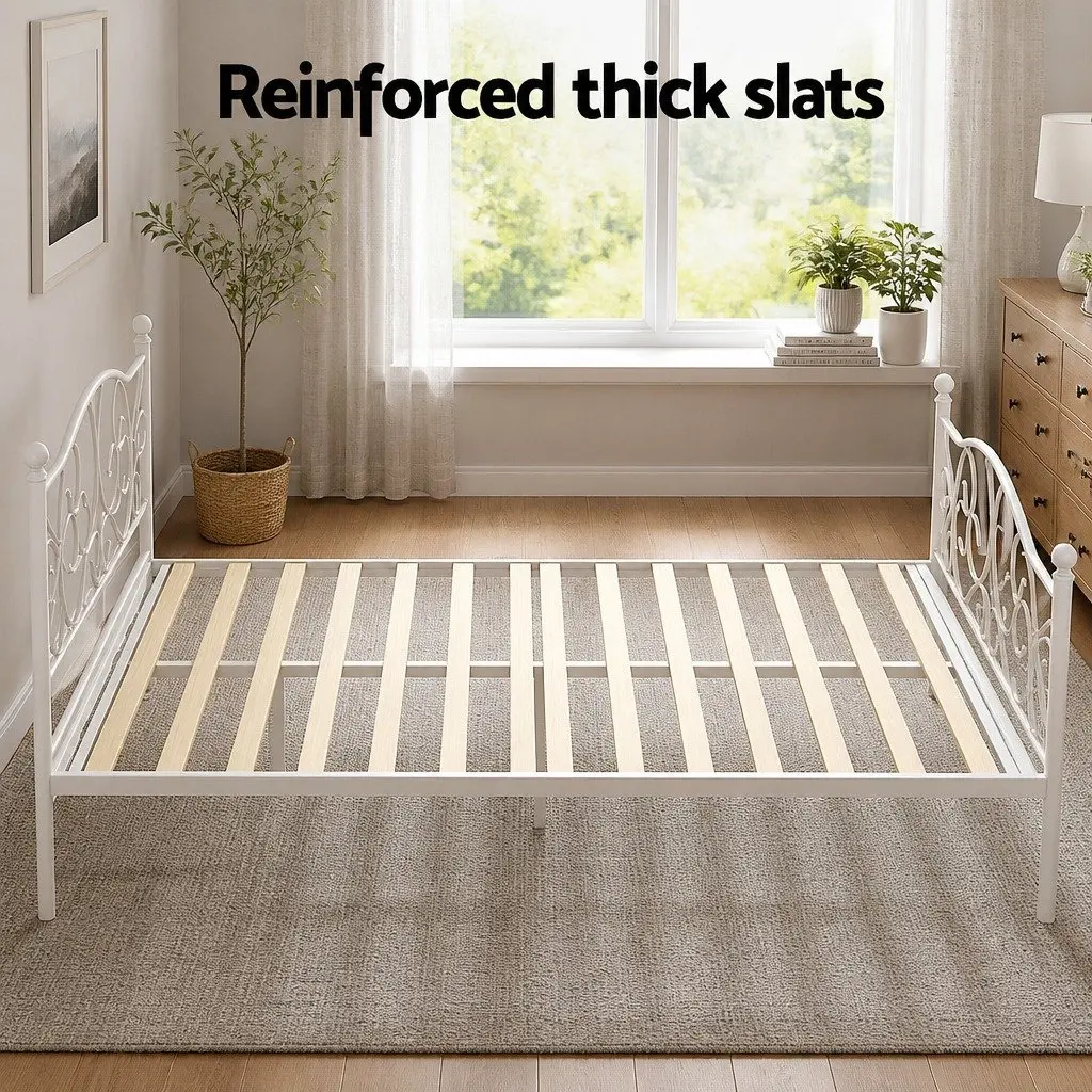 Metal Double Bed Frame with White Hollow Out Headboard for Bedroom Storage
