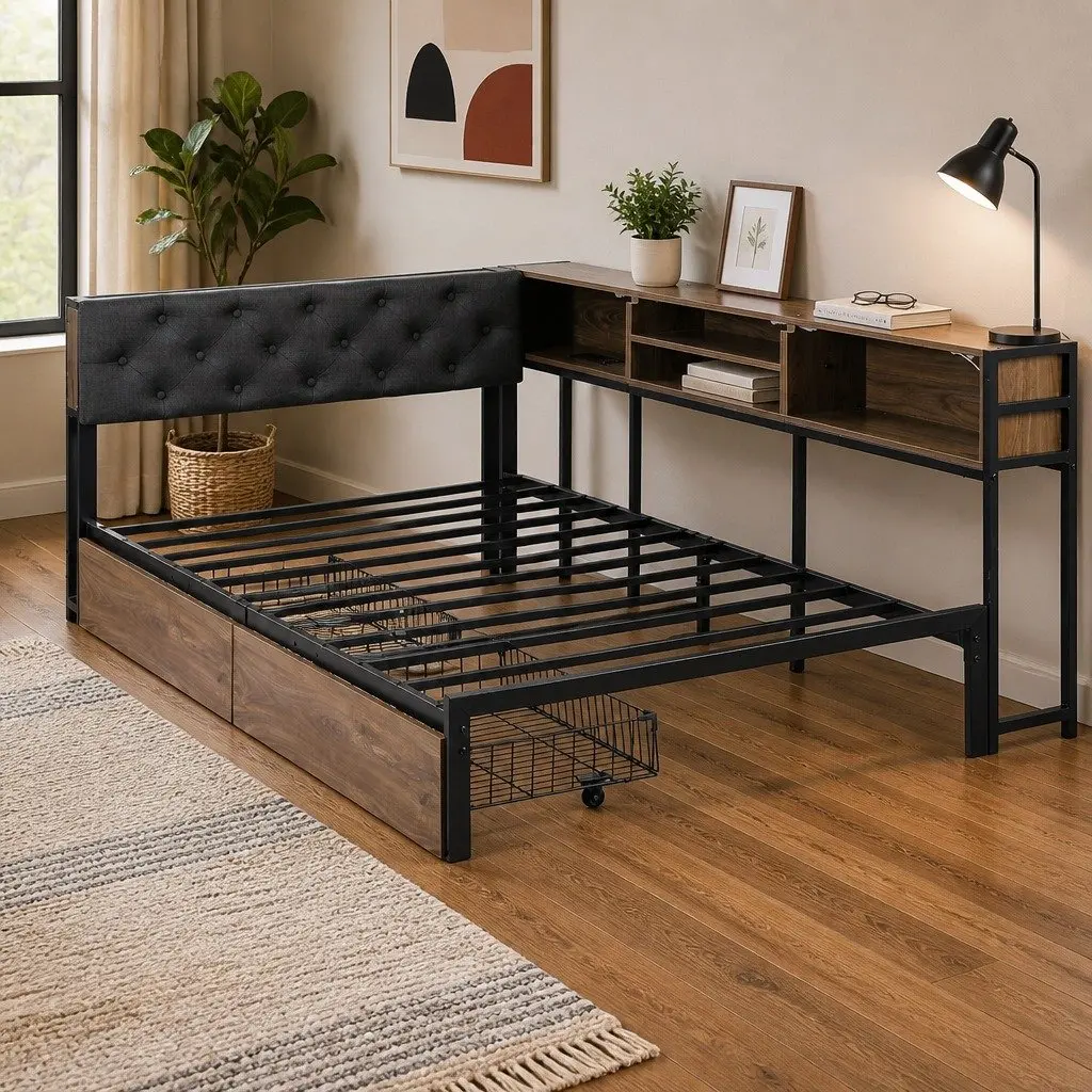 King Single Bed Frame Metal Construction Storage Drawers Charging Station