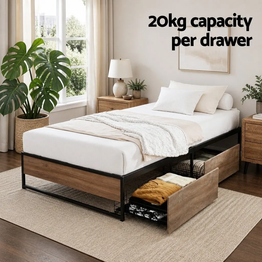 King Single Metal Bed Frame with 2 Storage Drawers Industrial Design Bedroom