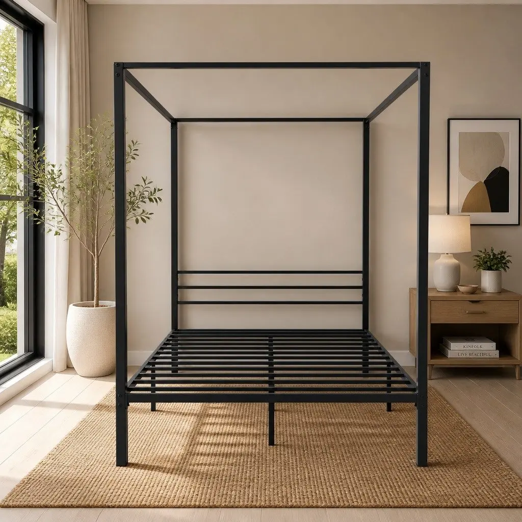 Double Size Metal Bed Frame Four-Poster Canopy Black Steel Bedroom Furniture