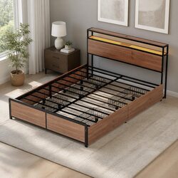 Double Metal Bed Frame with 2-Tier Storage Headboard 4 Drawers LED Charging