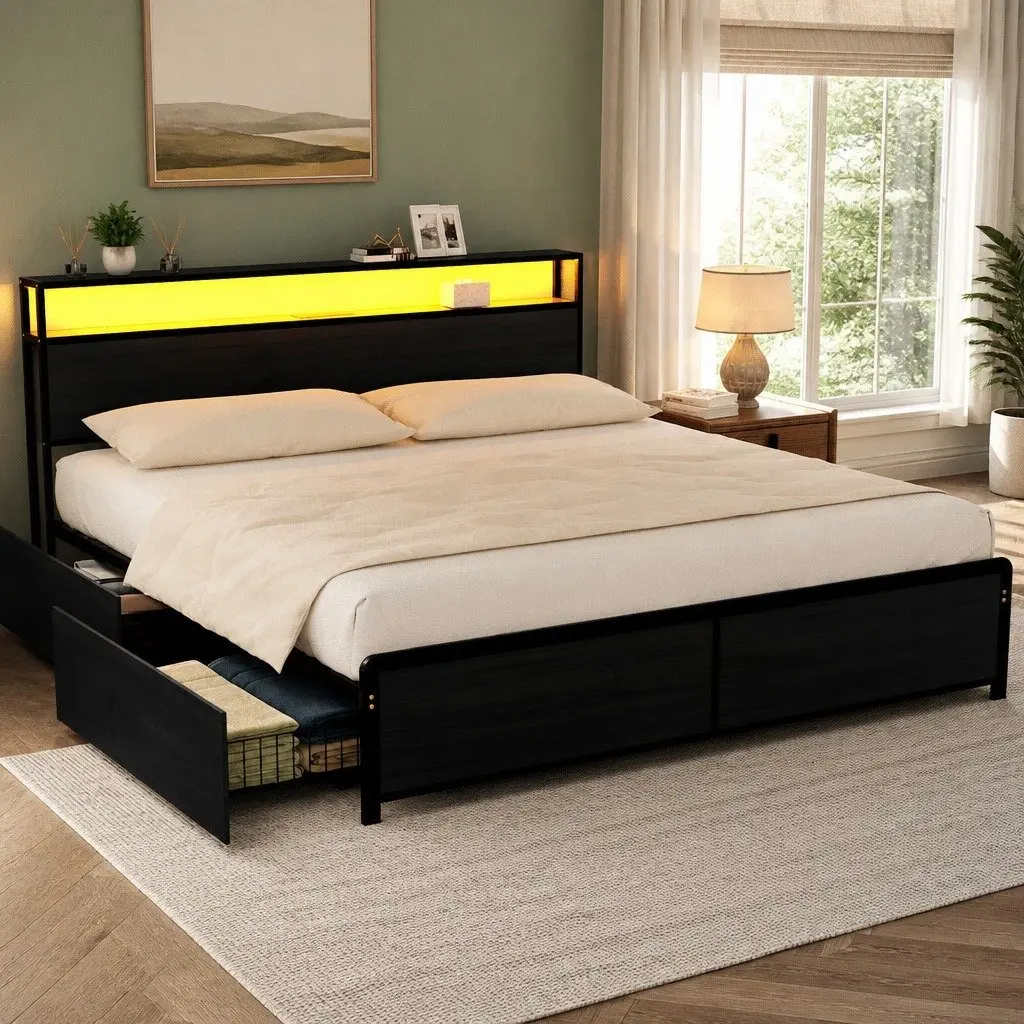 King Size Bed Frame with Metal Construction 4 Storage Drawers Integrated Charging Station RGB LED Lighting