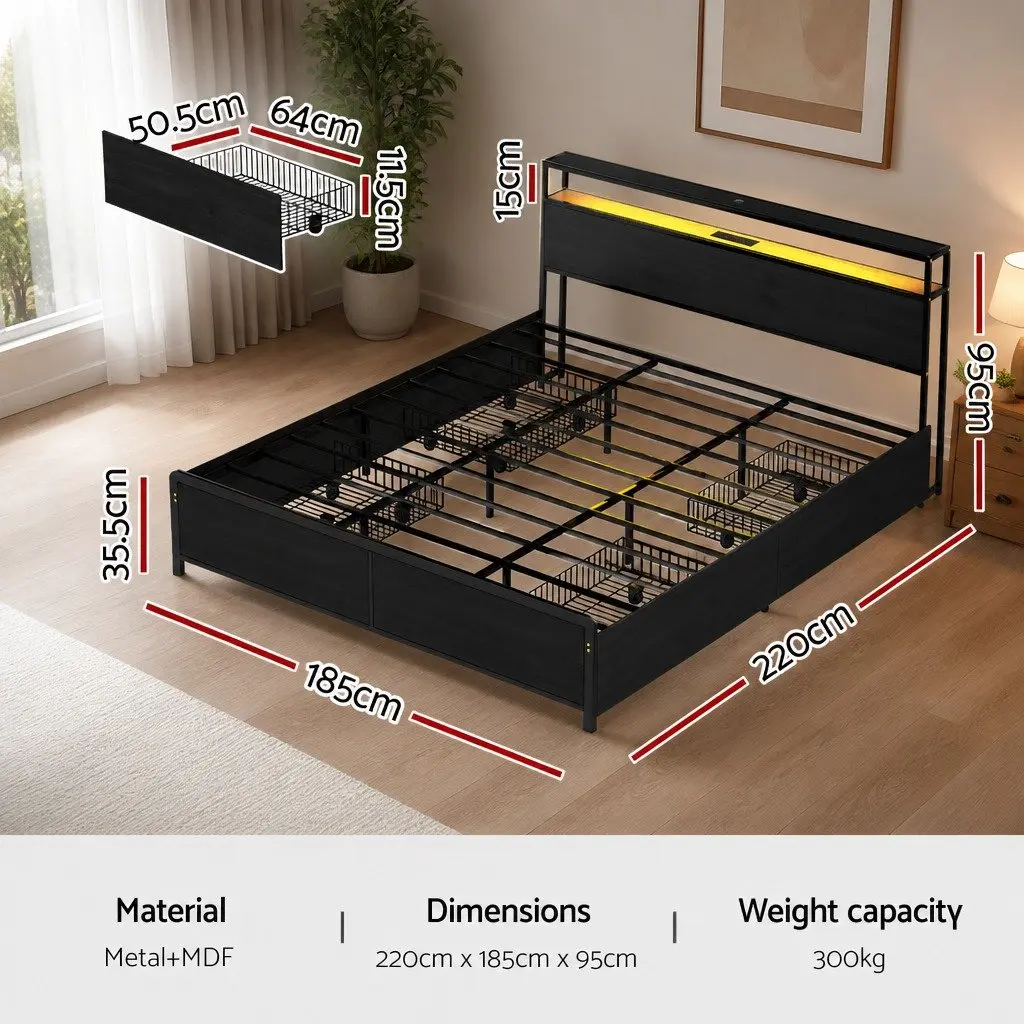 King Size Bed Frame with Metal Construction 4 Storage Drawers Integrated Charging Station RGB LED Lighting
