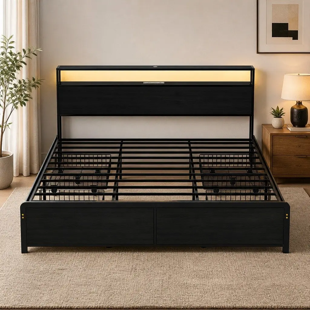 King Size Bed Frame with Metal Construction 4 Storage Drawers Integrated Charging Station RGB LED Lighting