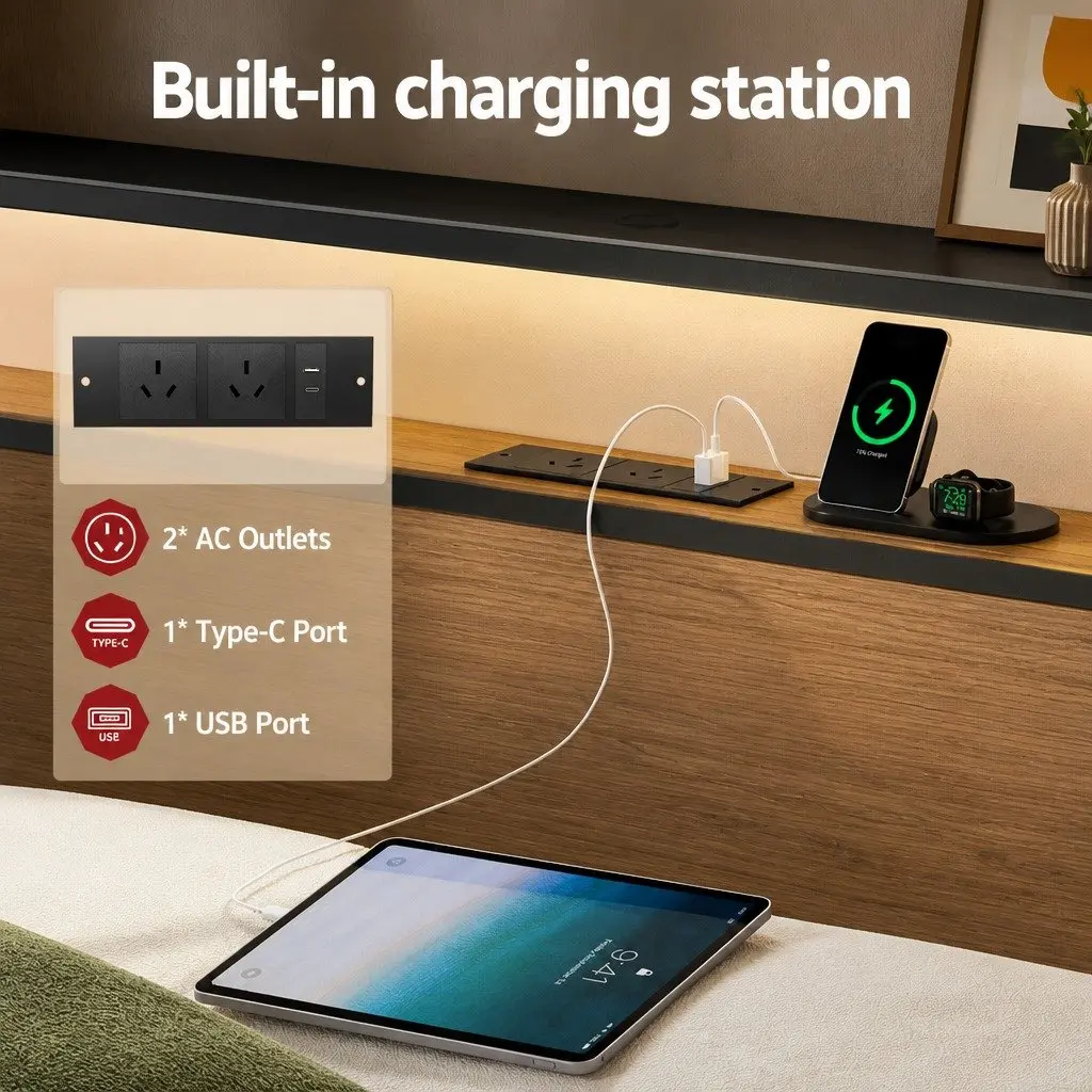 King Size Bed Frame with Metal Construction 4 Storage Drawers Integrated Charging Station RGB LED Lighting