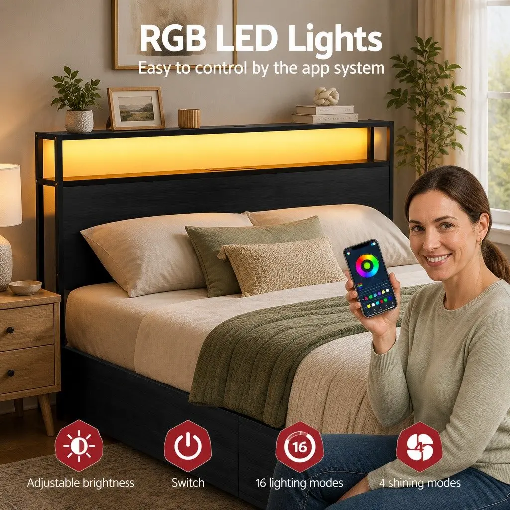 King Size Bed Frame with Metal Construction 4 Storage Drawers Integrated Charging Station RGB LED Lighting