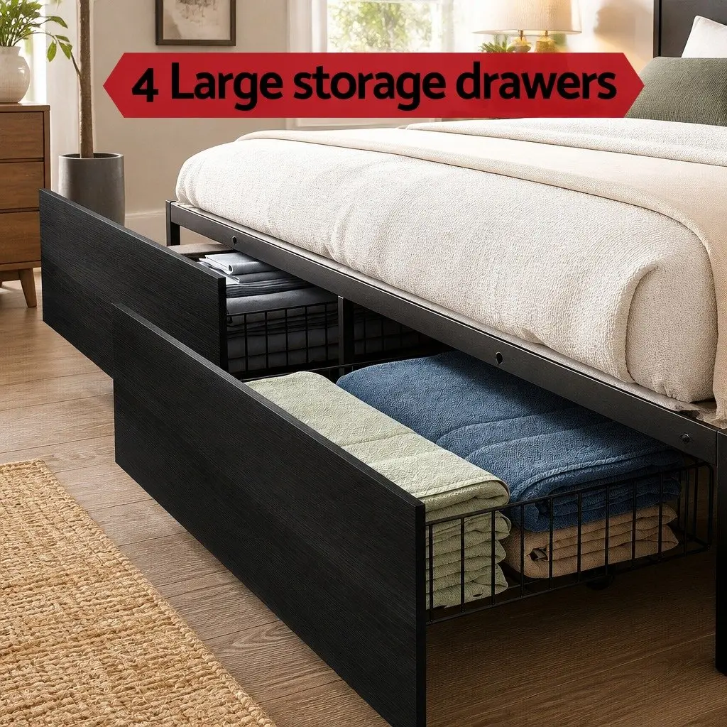 King Size Bed Frame with Metal Construction 4 Storage Drawers Integrated Charging Station RGB LED Lighting