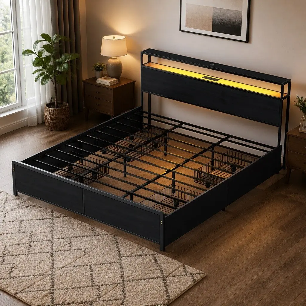 King Size Bed Frame with Metal Construction 4 Storage Drawers Integrated Charging Station RGB LED Lighting