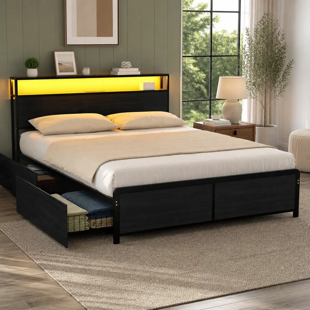 Queen Size Metal Bed Frame with LED Charging Station and 4 Storage Drawers in Black