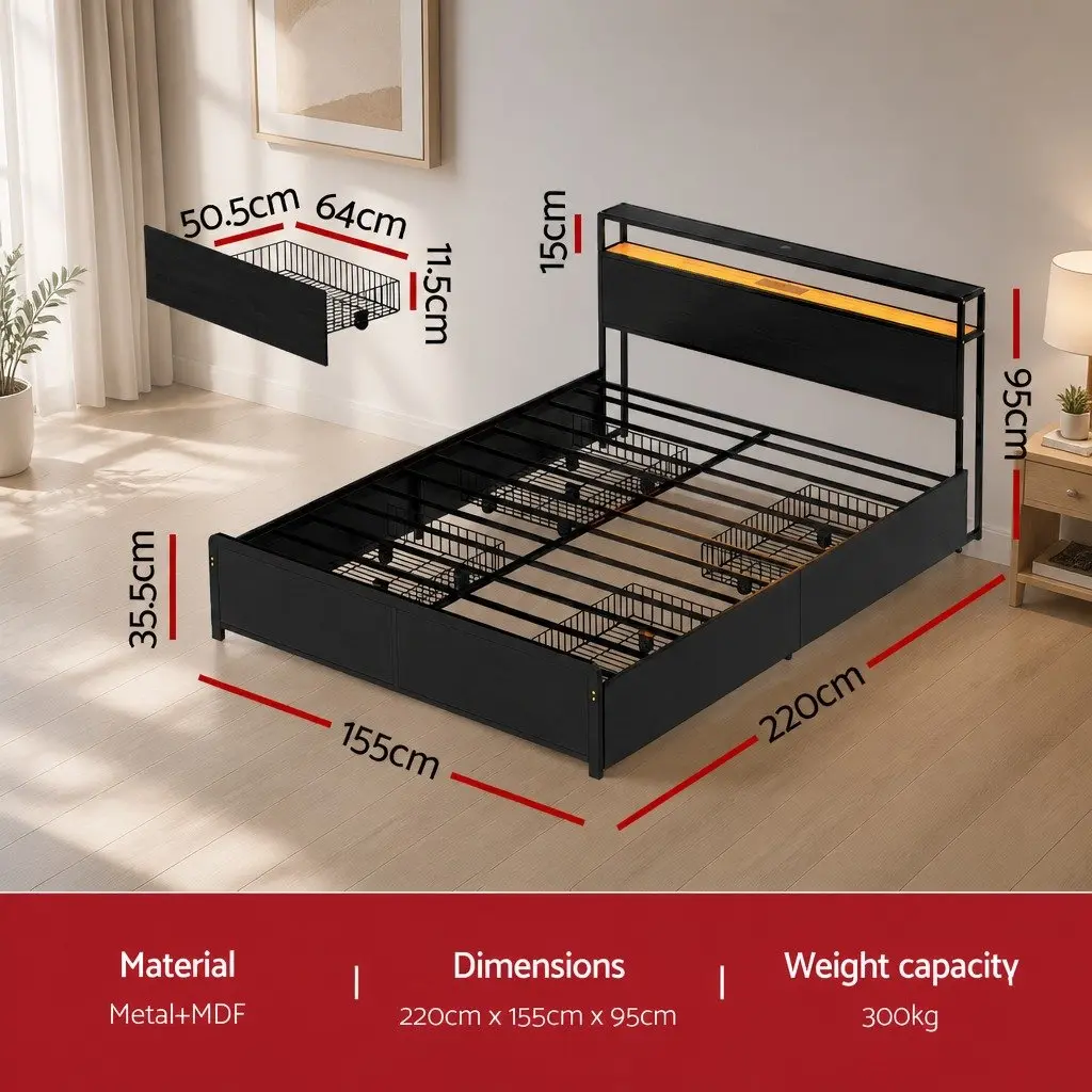 Queen Size Metal Bed Frame with LED Charging Station and 4 Storage Drawers in Black
