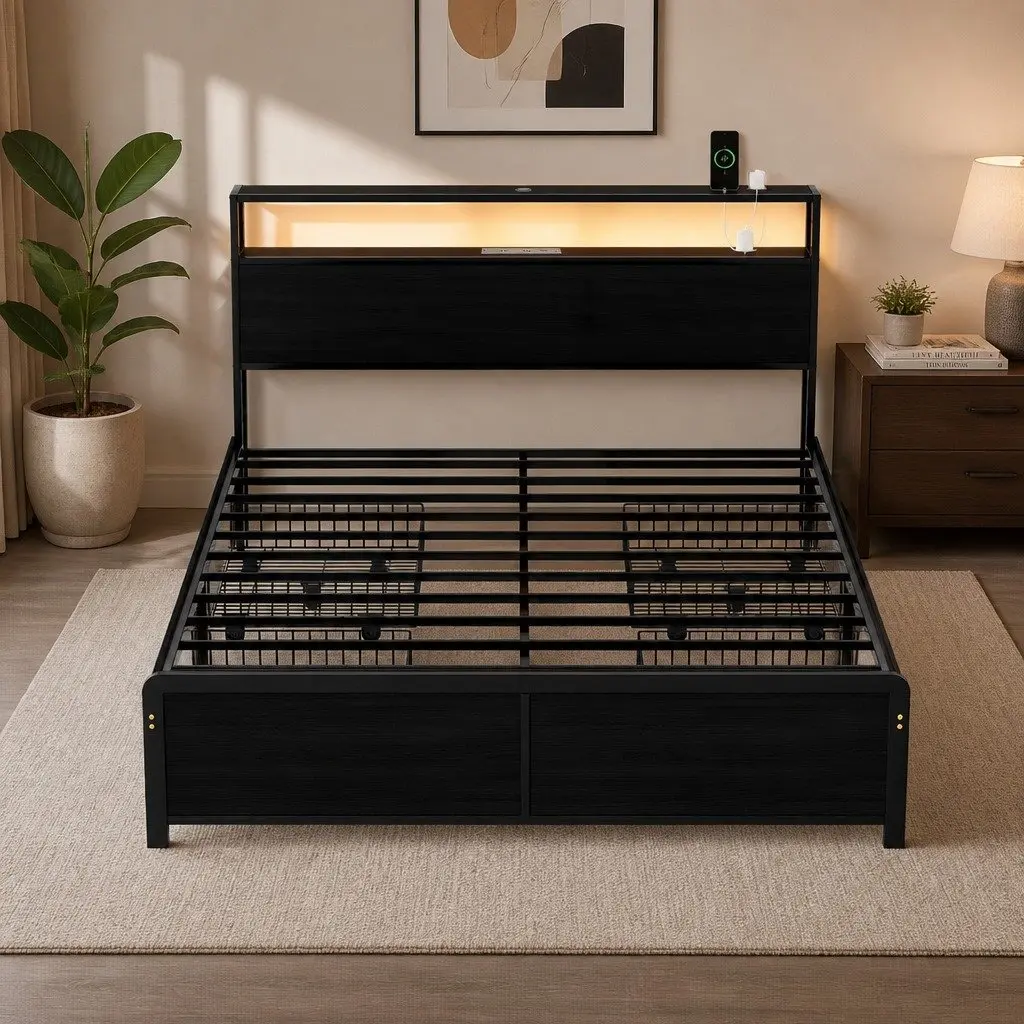 Queen Size Metal Bed Frame with LED Charging Station and 4 Storage Drawers in Black