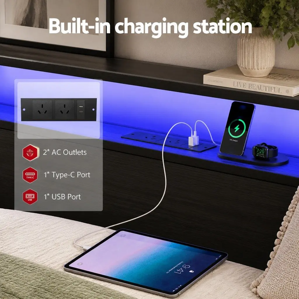 Queen Size Metal Bed Frame with LED Charging Station and 4 Storage Drawers in Black
