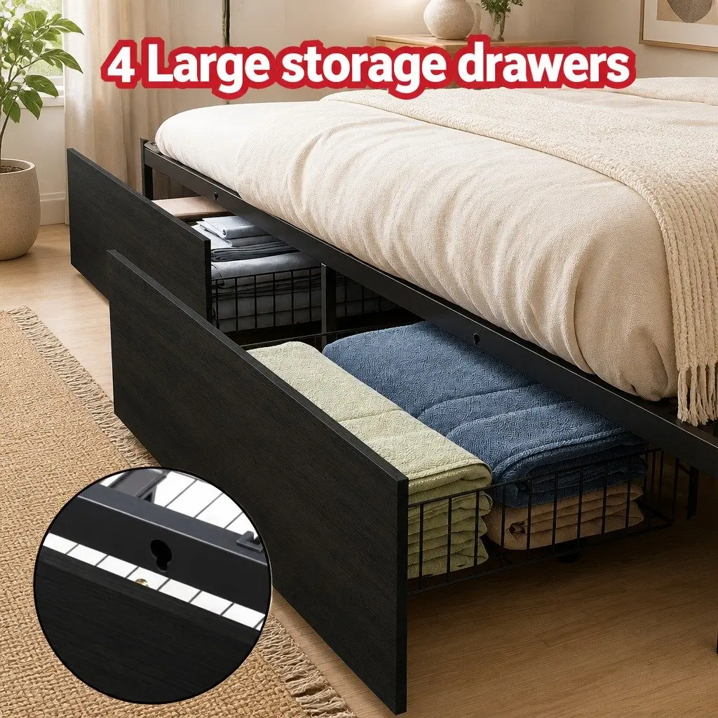 Queen Size Metal Bed Frame with LED Charging Station and 4 Storage Drawers in Black