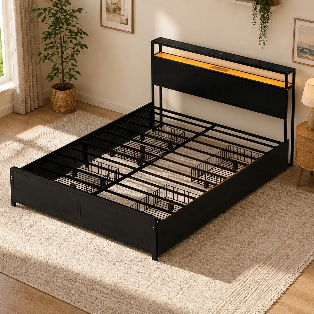 Queen Size Metal Bed Frame with LED Charging Station and 4 Storage Drawers in Black