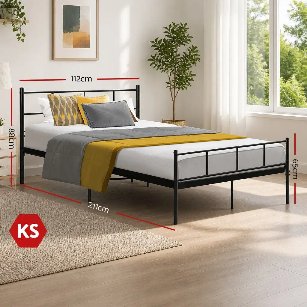 King Single Black Steel Bed Frame with Metal Slat Base and Underbed Storage