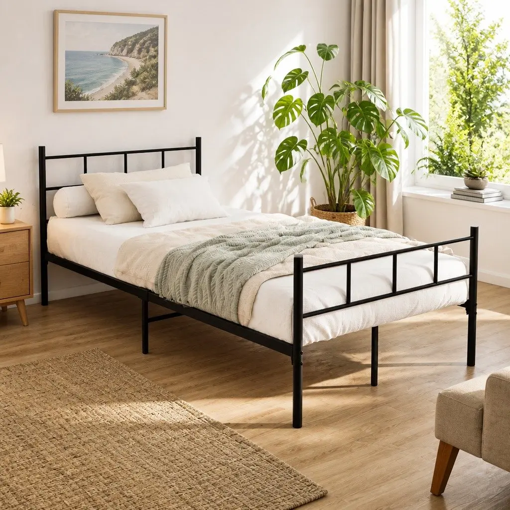 King Single Black Steel Bed Frame with Metal Slat Base and Underbed Storage