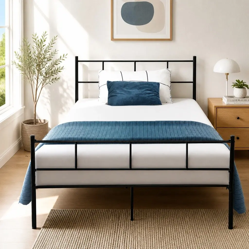 King Single Black Steel Bed Frame with Metal Slat Base and Underbed Storage