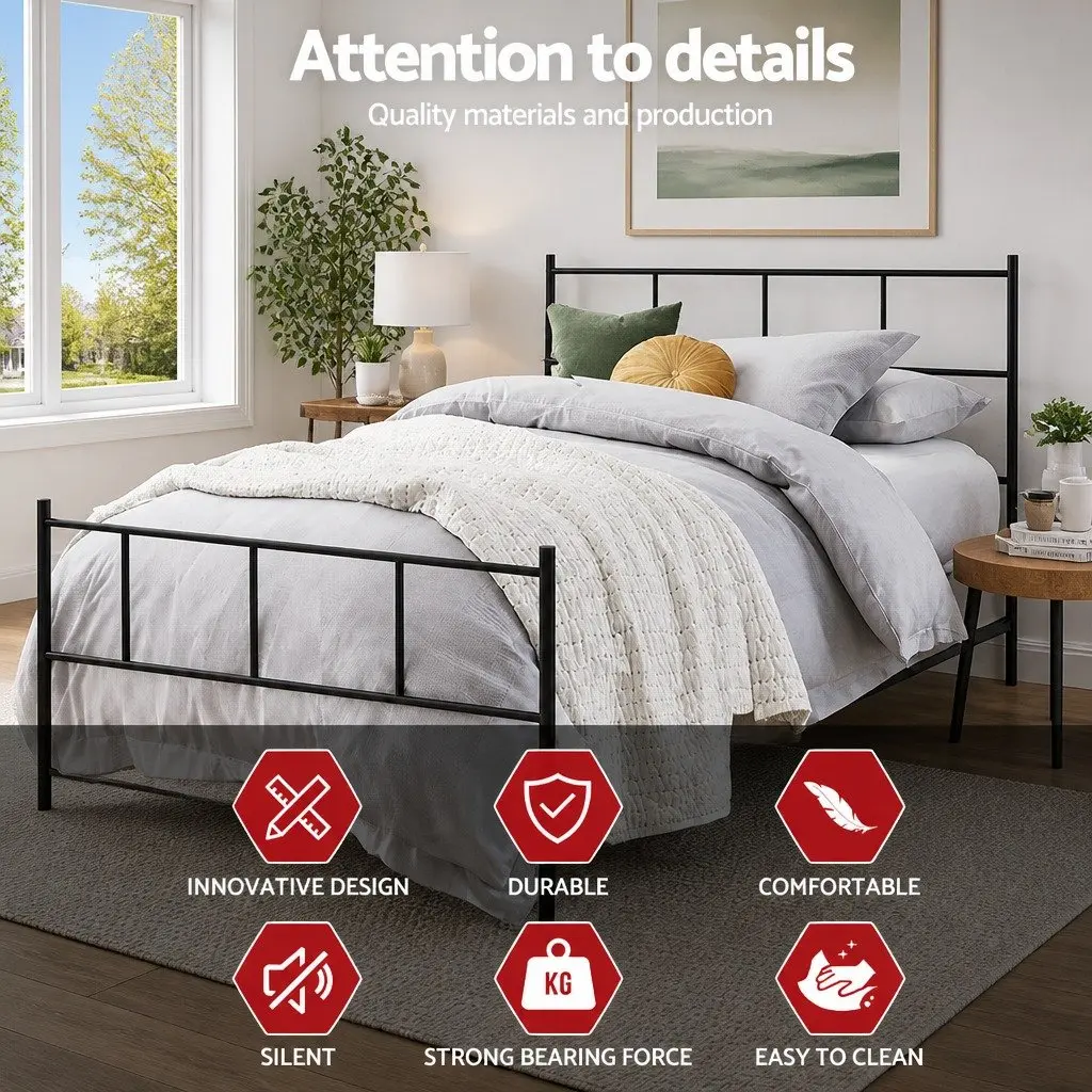 King Single Black Steel Bed Frame with Metal Slat Base and Underbed Storage