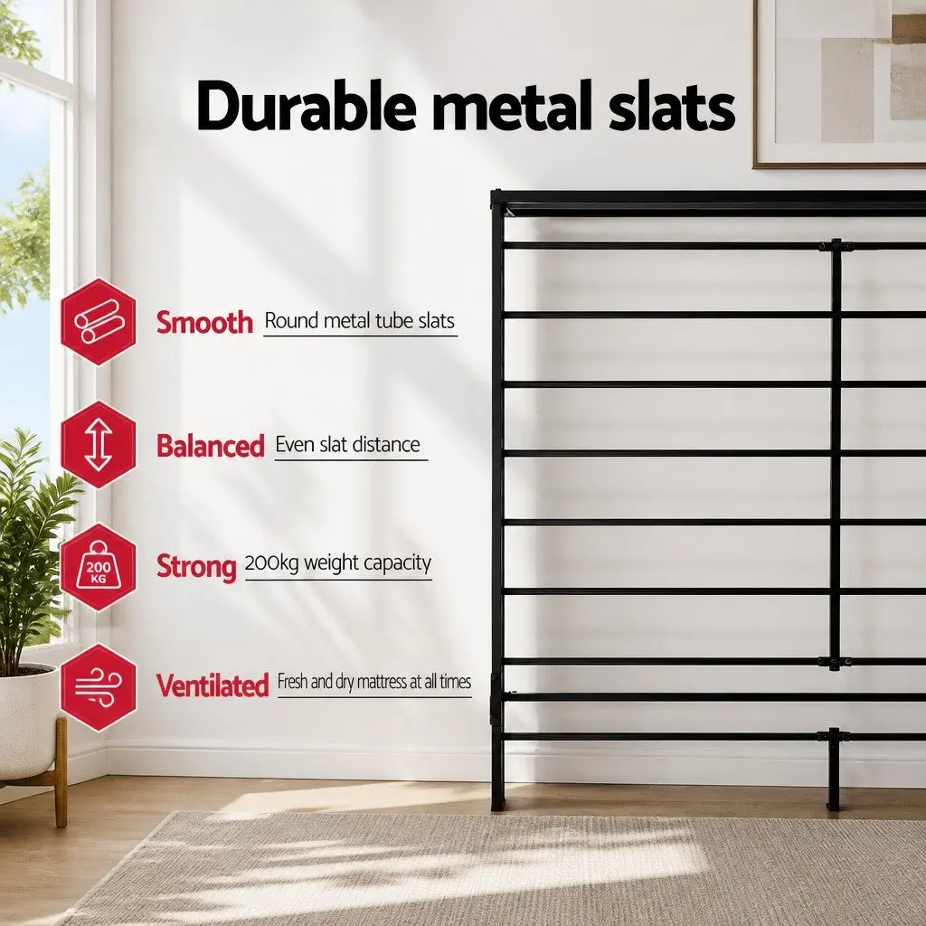King Single Black Steel Bed Frame with Metal Slat Base and Underbed Storage