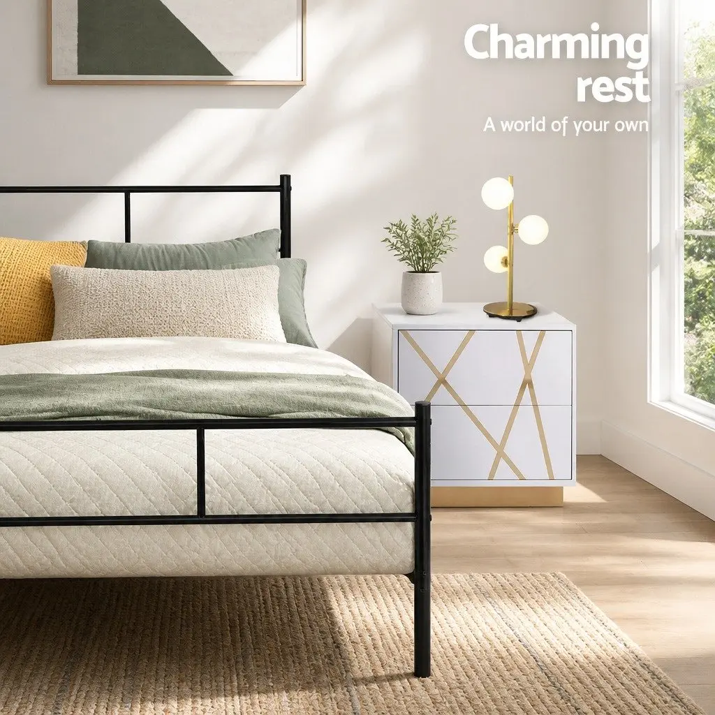 King Single Black Steel Bed Frame with Metal Slat Base and Underbed Storage