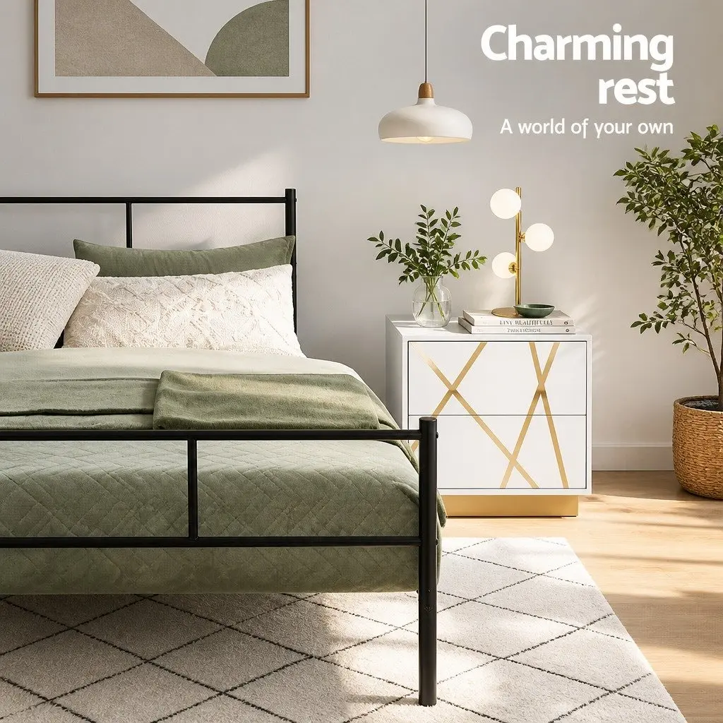 King Single Black Steel Bed Frame with Metal Slat Base and Underbed Storage