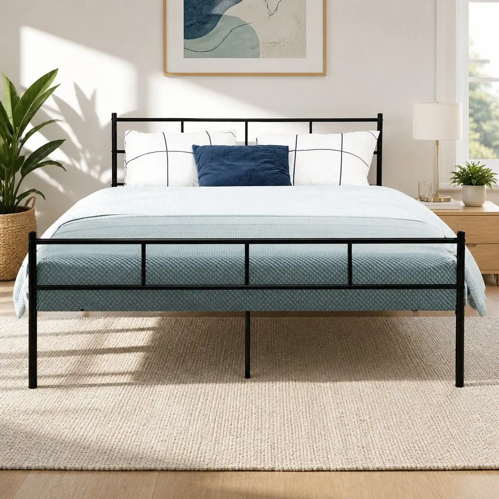 Queen Metal Bed Frame Black Steel Powder-Coated Underneath Storage Support Slats