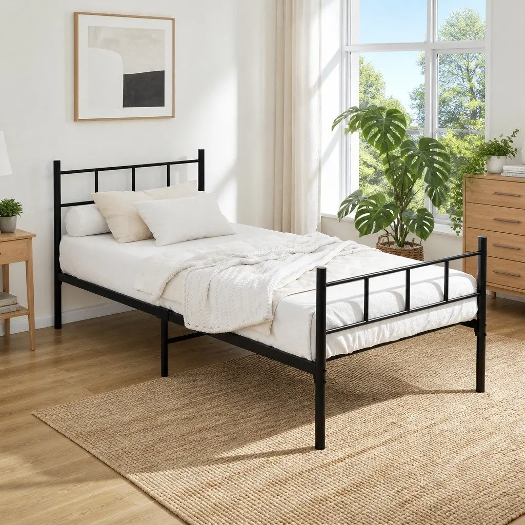 Single Metal Bed Frame Black Steel Construction Underbed Storage Space