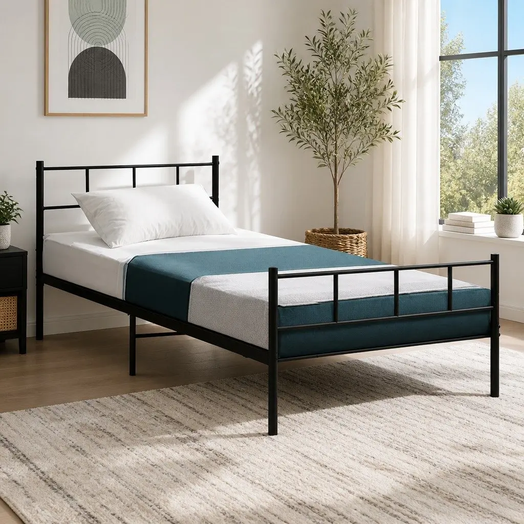 Single Metal Bed Frame Black Steel Construction Underbed Storage Space
