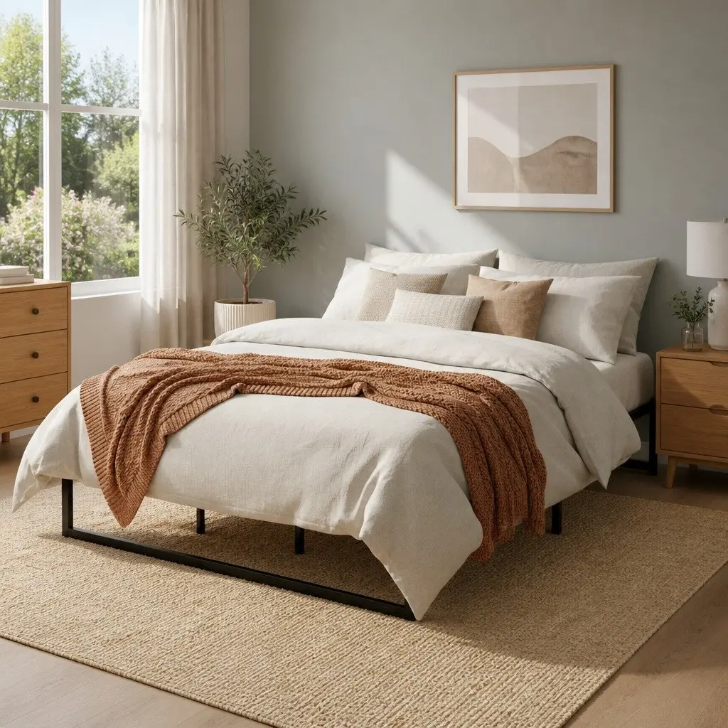 Metal Bed Frame King Size Black Steel Reinforced Center Support Minimalist Style Storage Space