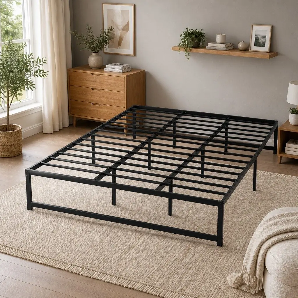 Metal Bed Frame King Size Black Steel Reinforced Center Support Minimalist Style Storage Space