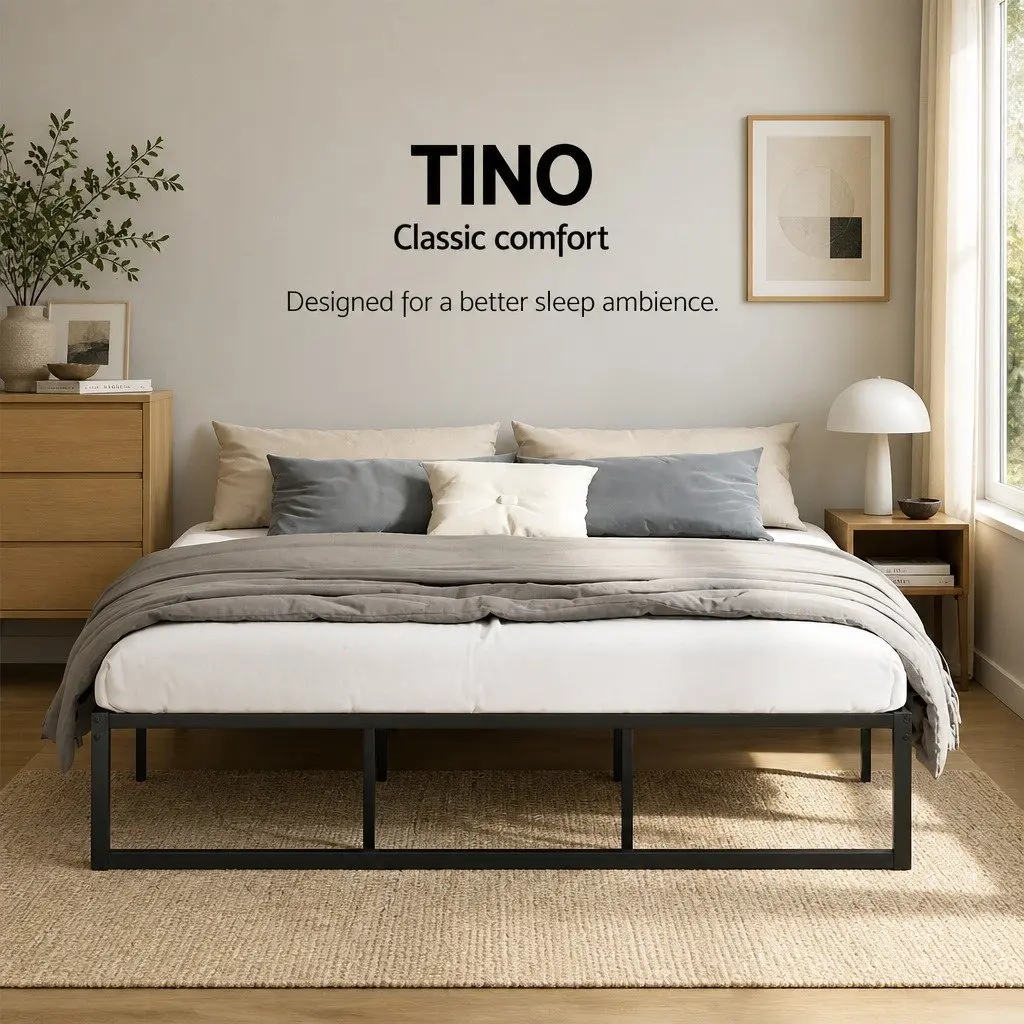 Metal Bed Frame King Size Black Steel Reinforced Center Support Minimalist Style Storage Space