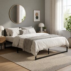 Queen Size Metal Bed Frame Black Steel with Center Support Slats Storage Space