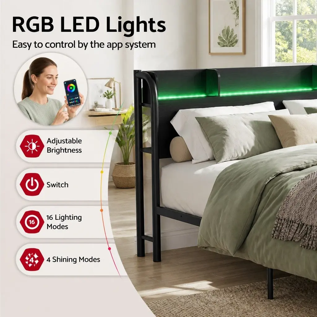 Double Size Bed Frame with Storage Headboard Charging Station LED Lights