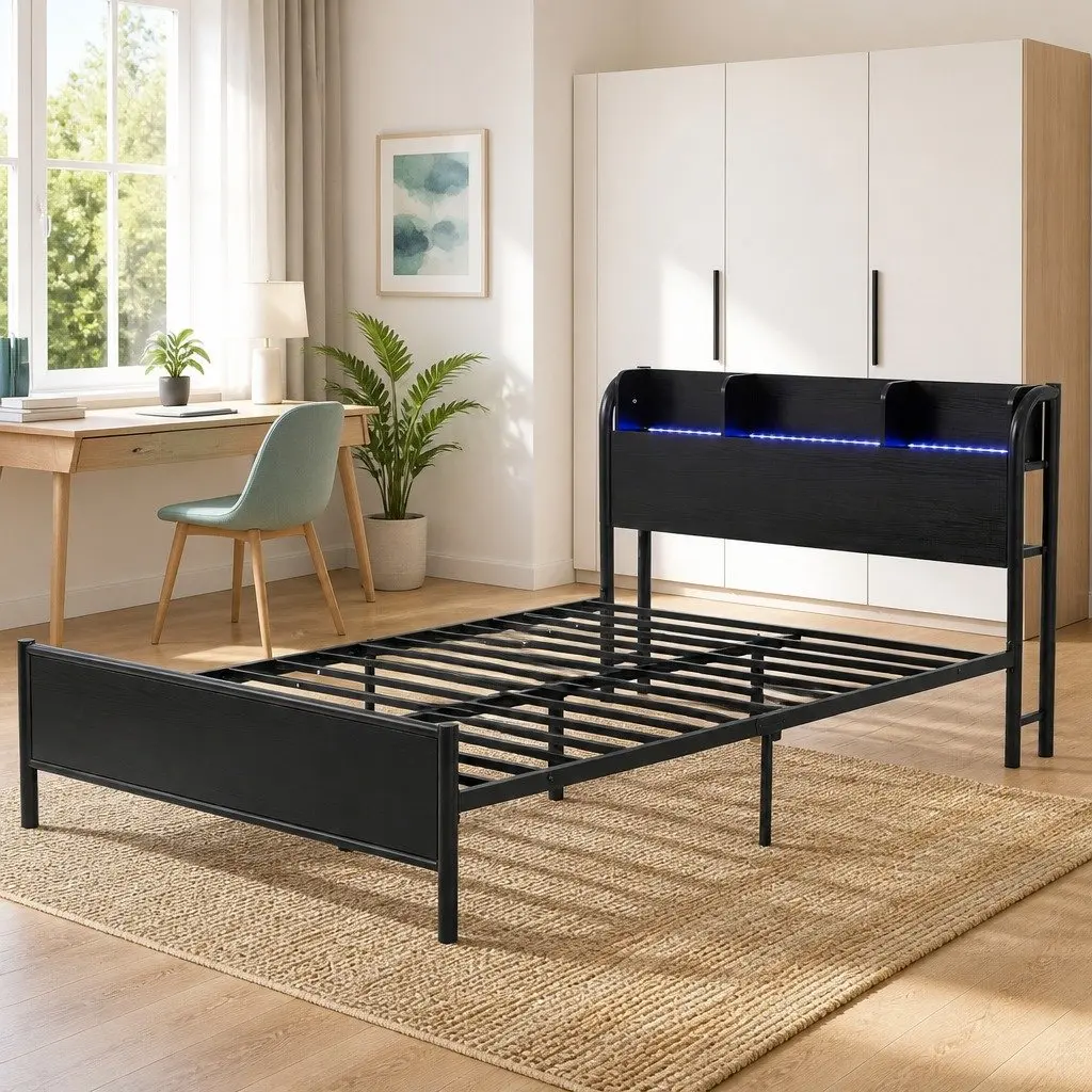Bed Frame with Storage Headboard and Charging Station