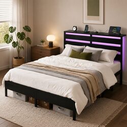 Double Bed Frame Black Metal Platform LED Lights Headboard Storage Charging
