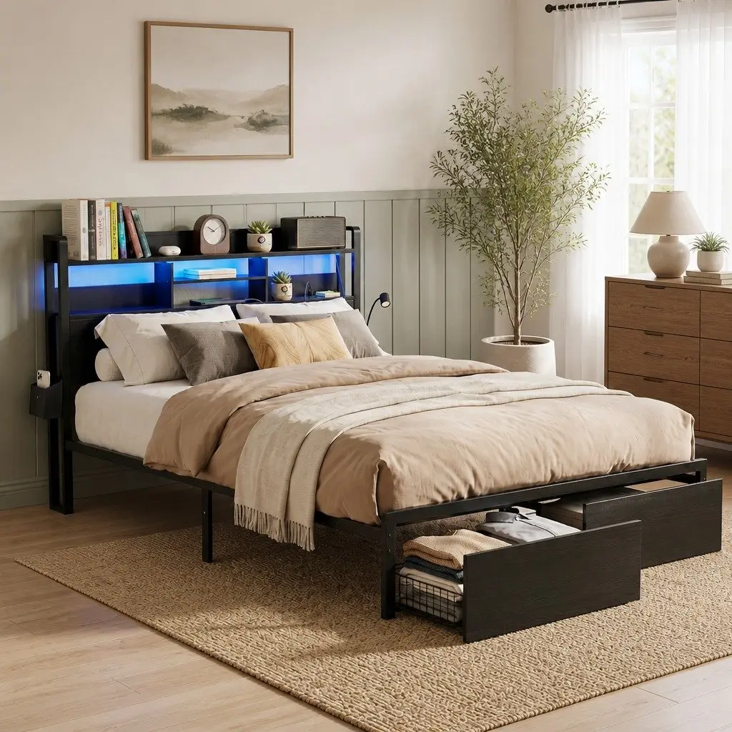Double Bed Frame Double Size Metal Construction with LED Lights Storage Drawers and Charging Station