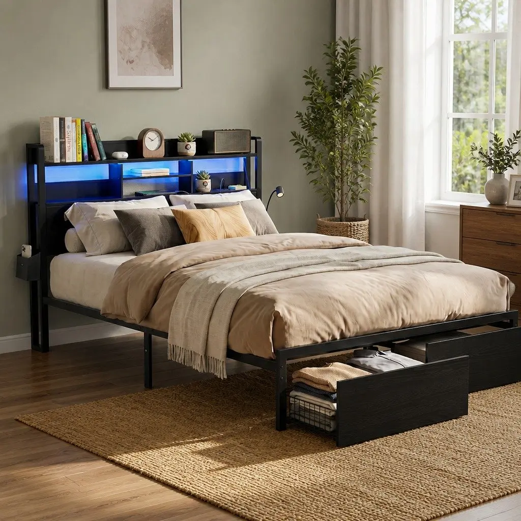 Queen Bed Frame with Storage Drawers LED Charging Station Metal Industrial Style