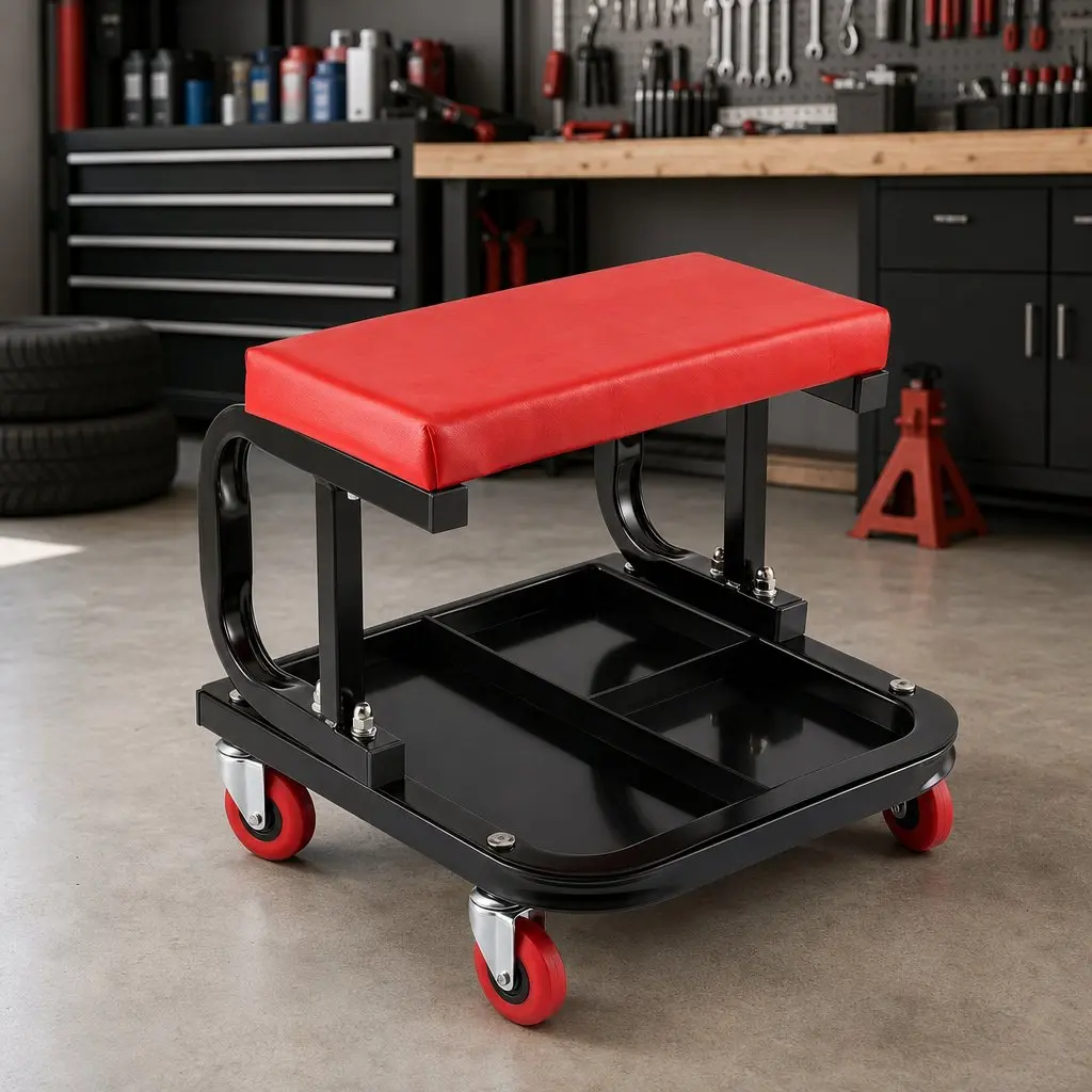 Rolling Mechanic Creeper Seat 36x36cm Heavy Duty Steel Construction with Integrated Tool Tray