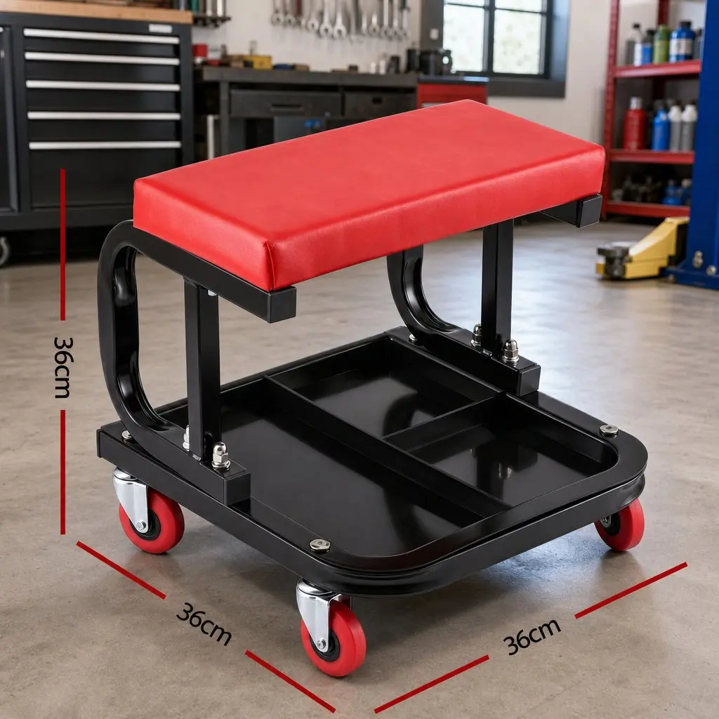 Rolling Mechanic Creeper Seat 36x36cm Heavy Duty Steel Construction with Integrated Tool Tray
