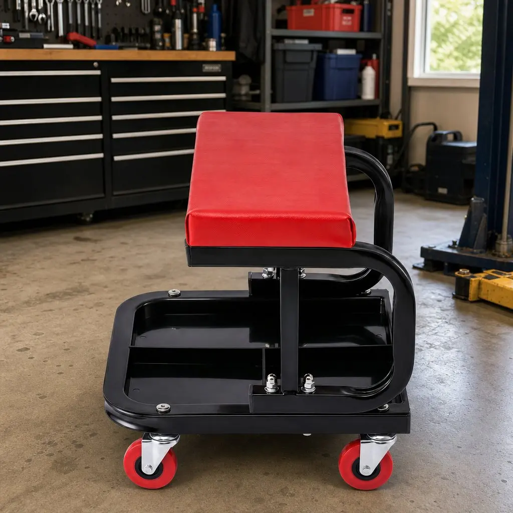Rolling Mechanic Creeper Seat 36x36cm Heavy Duty Steel Construction with Integrated Tool Tray