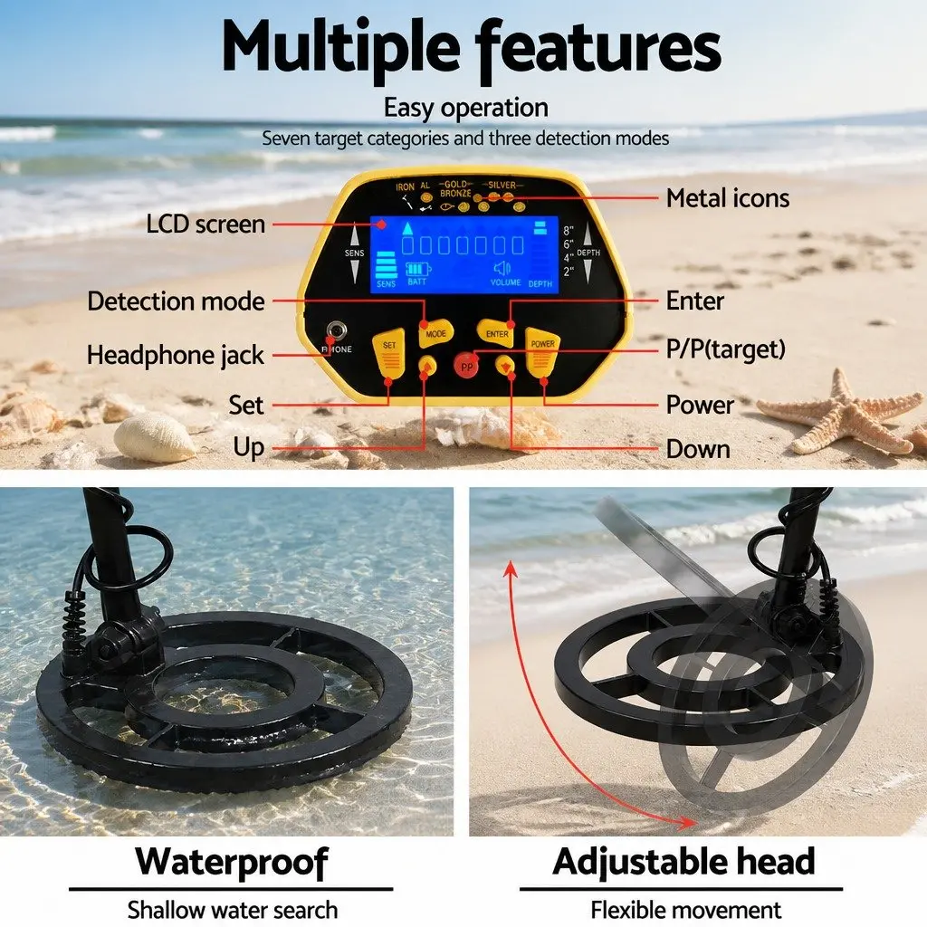 Metal Detector 180MM Waterproof Yellow LCD Screen Adjustable Shaft Treasure Hunter
