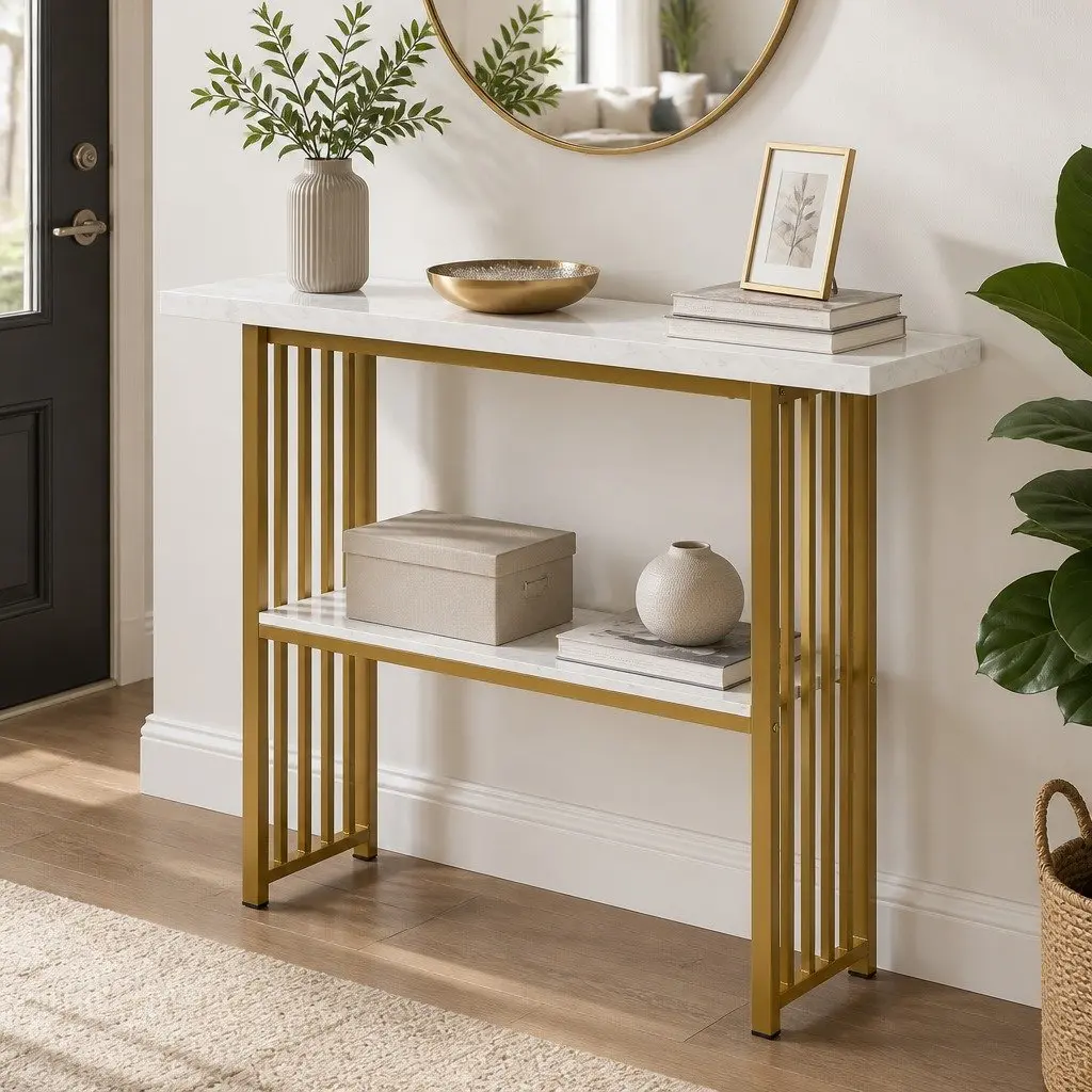 Console Table 120cm Faux Marble White Gold 2-Tier Storage Easy Clean