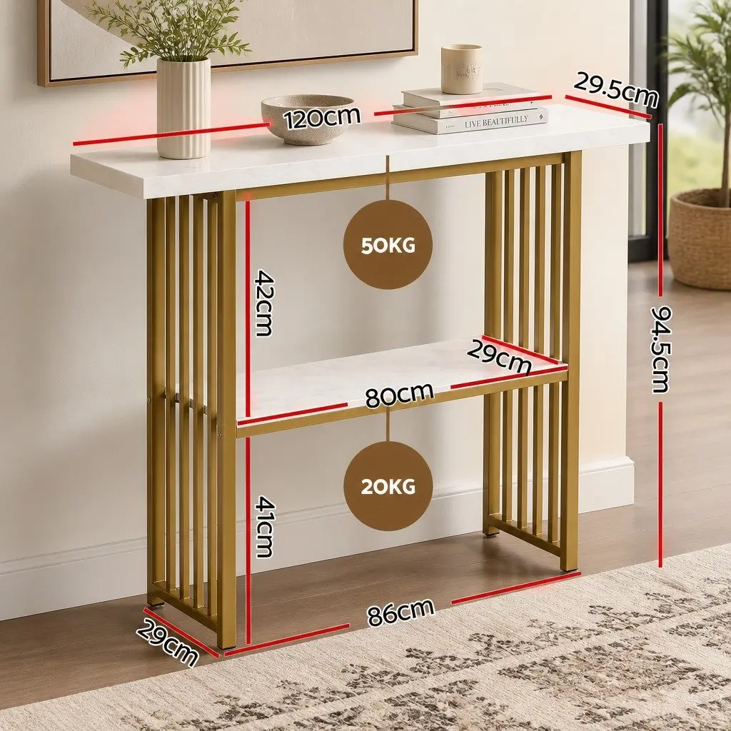 Console Table 120cm Faux Marble White Gold 2-Tier Storage Easy Clean