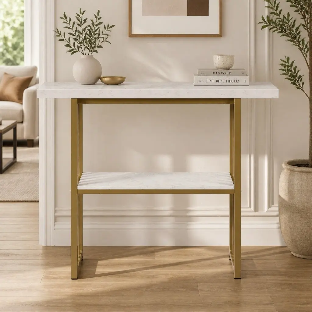 Console Table 120cm Faux Marble White Gold 2-Tier Storage Easy Clean
