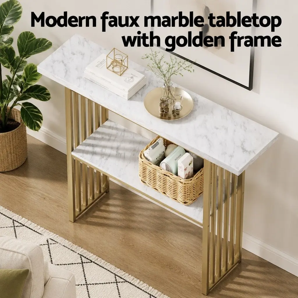 Console Table 120cm Faux Marble White Gold 2-Tier Storage Easy Clean