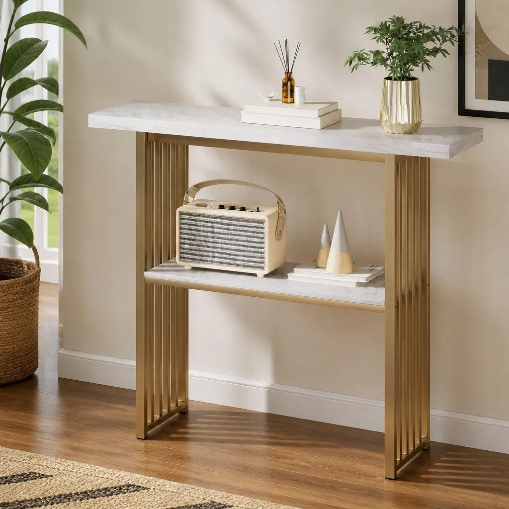 Console Table 120cm Faux Marble White Gold 2-Tier Storage Easy Clean